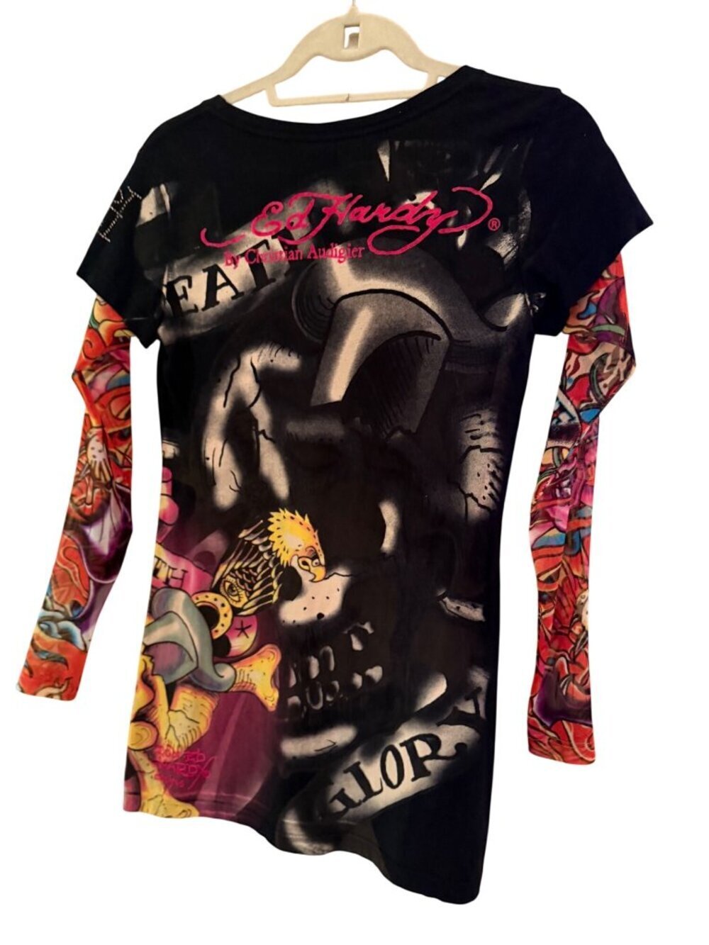 Ed Hardy Womens Long Sleeve Layered T Shirt Size S Black Crystal Embellished Y2K - Picture 8 of 12